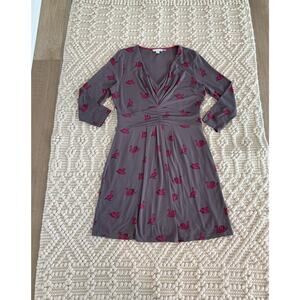 Boden Marion Jersey Dress Long Sleeve Swan Print Gray Purple Size 10